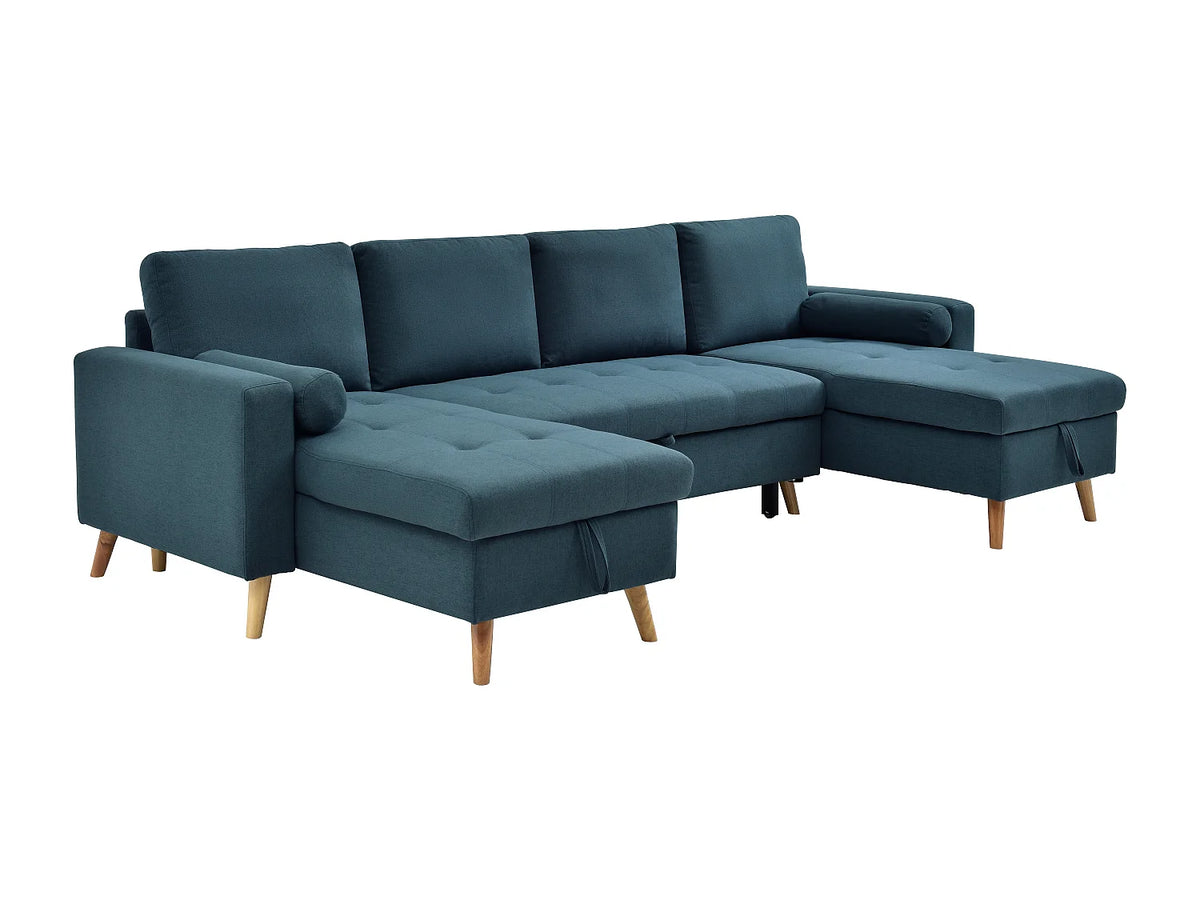Canapé Panoramique d'Angle Convertible en Tissu Bleu canard - KORI