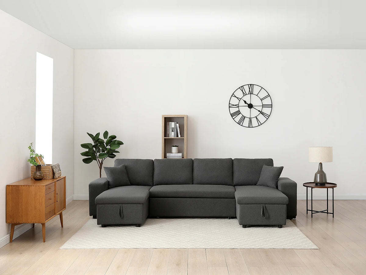 Canapé Panoramique d'Angle Convertible en Tissu Gris anthracite - SELIM