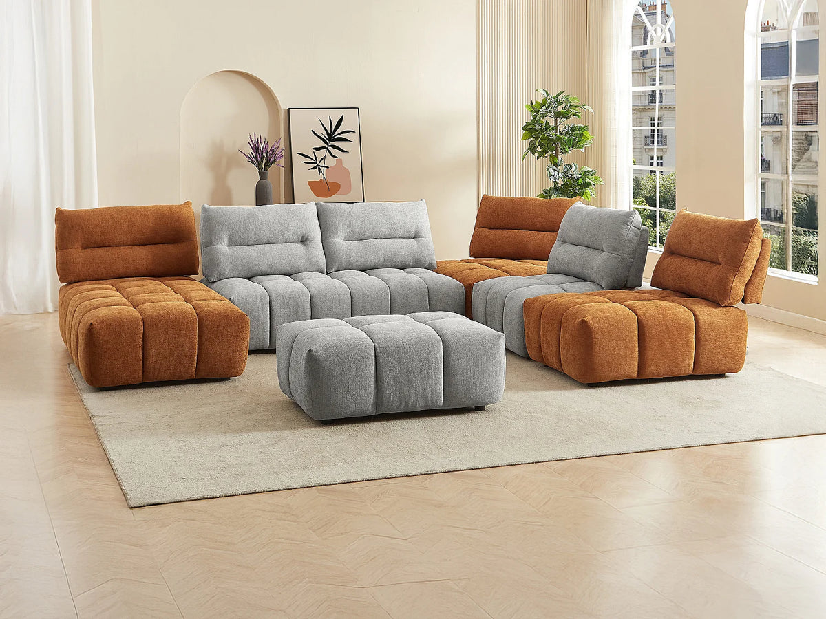 Canapé Panoramique d'Angle Modulable en Tissu Gris clair / Terracotta - APOLIU