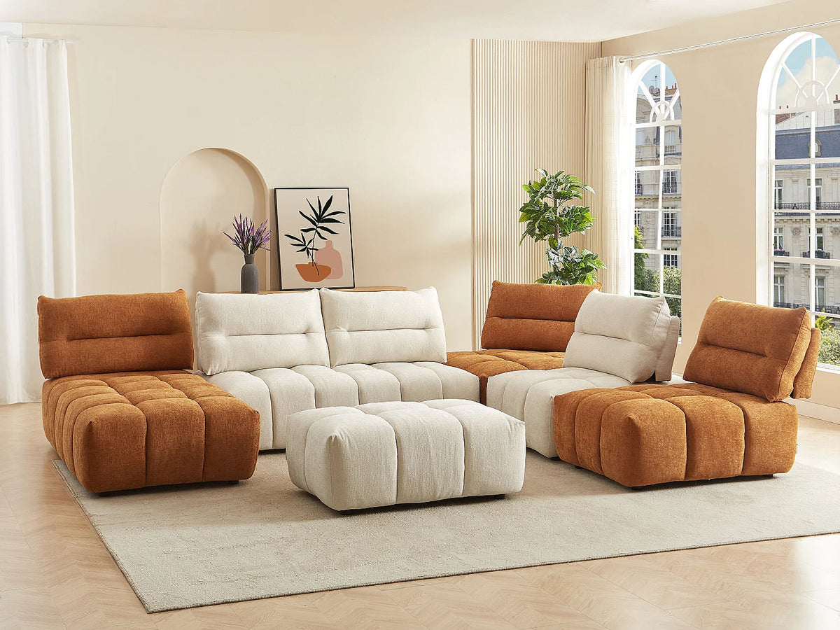 Canapé Panoramique d'Angle Modulable en Tissu Terracotta / Beige - APOLIU