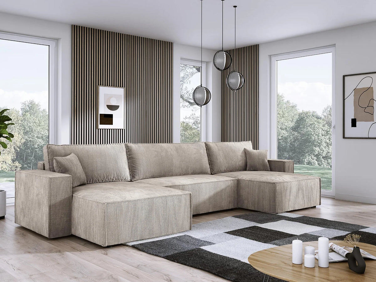 Canapé Panoramique d'Angle XXL Convertible avec Coffre en Tissu Beige 4 Places - DOMO HOME