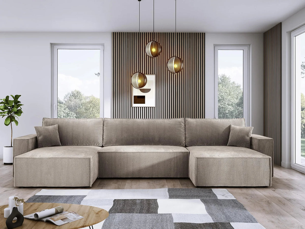 Canapé Panoramique d'Angle XXL Convertible avec Coffre en Tissu Beige 4 Places - DOMO HOME