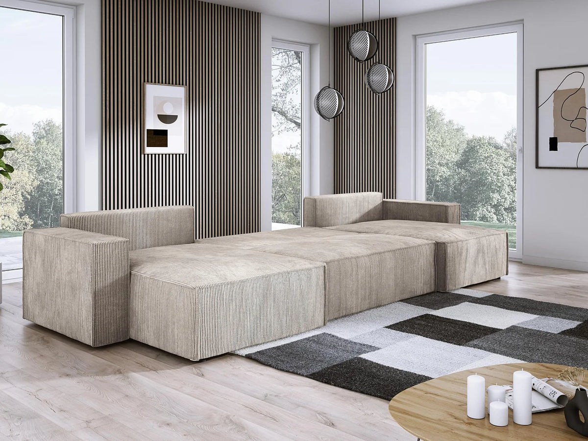 Canapé Panoramique d'Angle XXL Convertible avec Coffre en Tissu Beige 4 Places - DOMO HOME