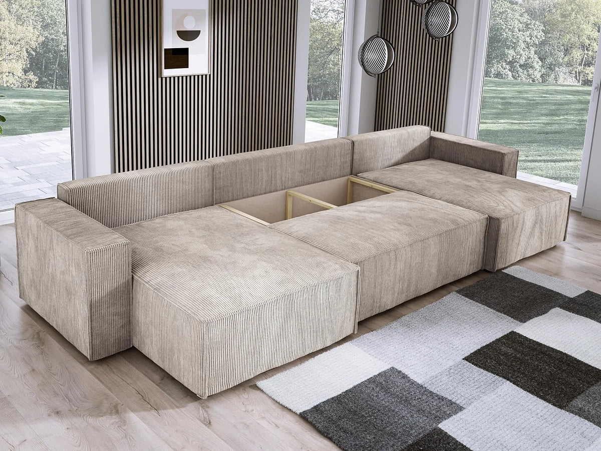 Canapé Panoramique d'Angle XXL Convertible avec Coffre en Tissu Beige 4 Places - DOMO HOME