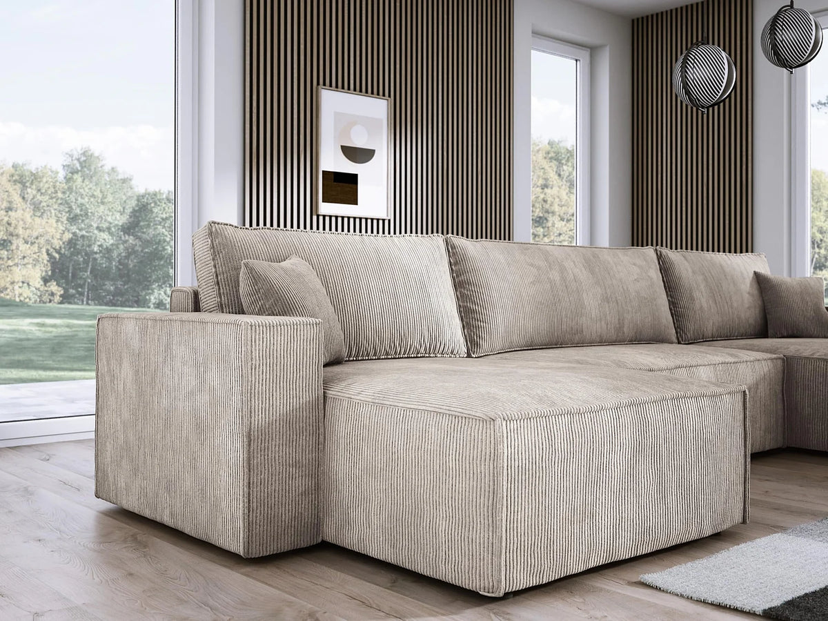 Canapé Panoramique d'Angle XXL Convertible avec Coffre en Tissu Beige 4 Places - DOMO HOME