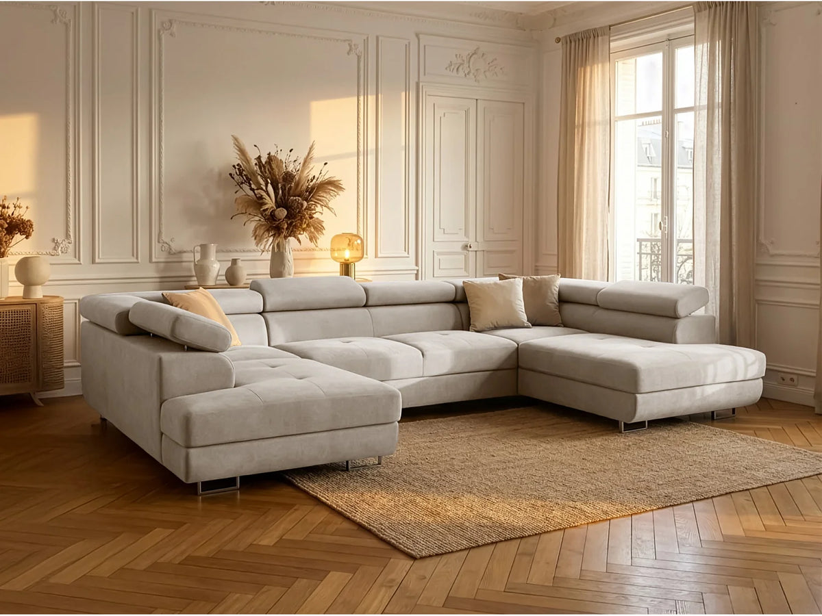 Canapé Panoramique d'Angle Convertible en Velours Taupe 6 Places - FALIO