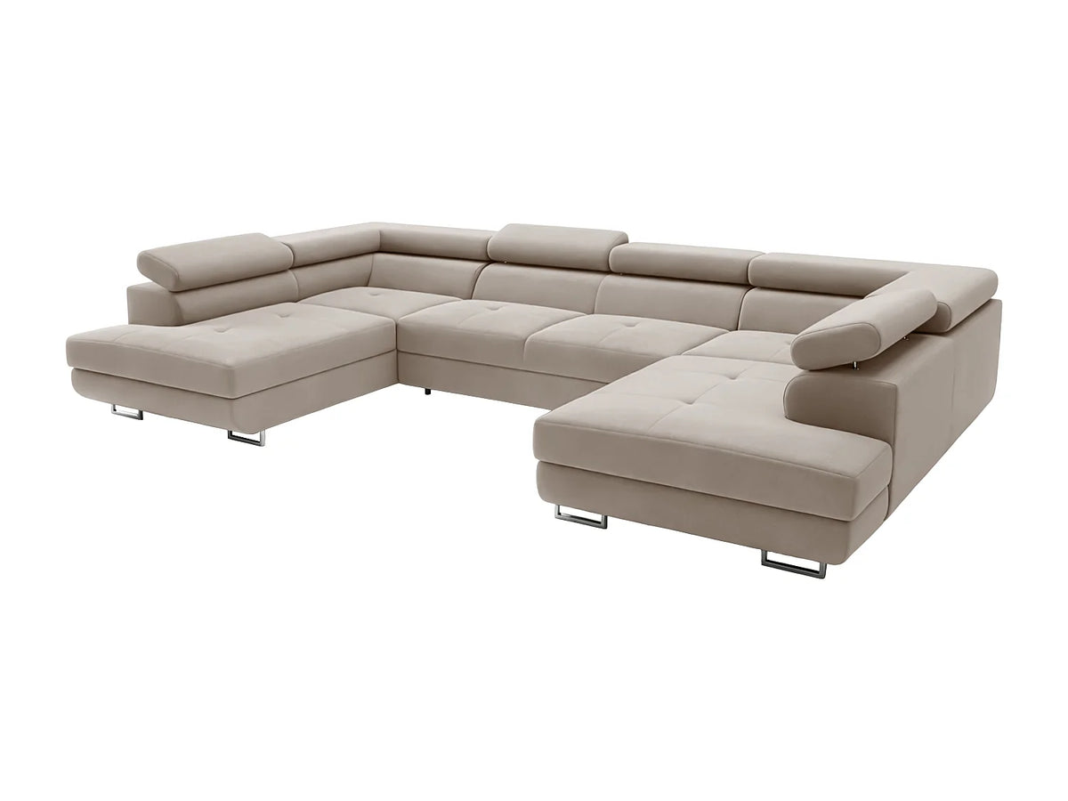 Canapé Panoramique d'Angle Convertible en Velours Taupe 6 Places - FALIO