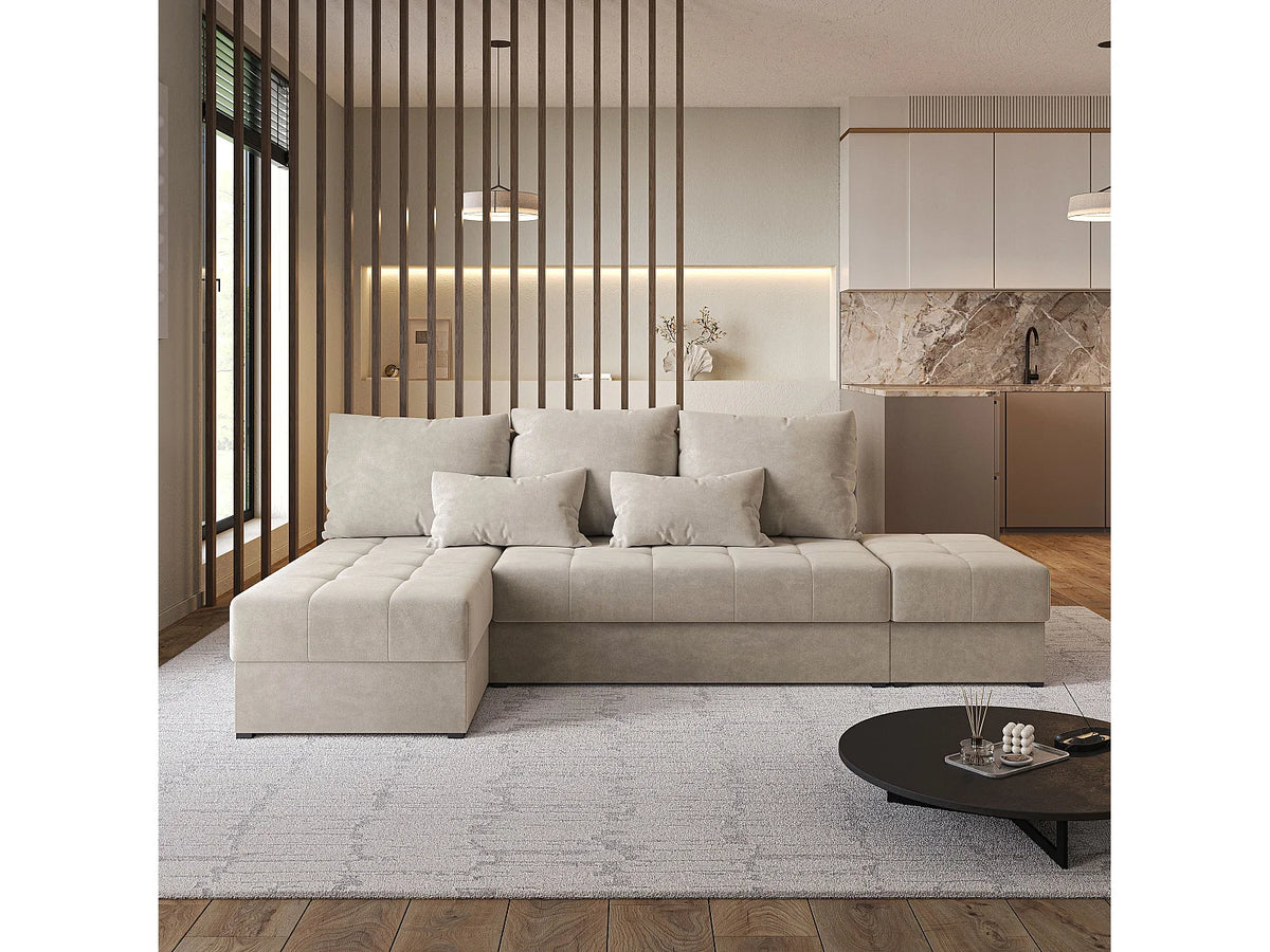 Canapé Panoramique d'Angle Convertible en Tissu Beige 4 Places - NORVI (Réf. 2154)