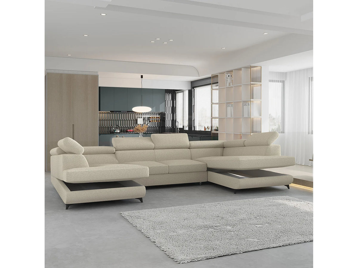 Canapé Panoramique d'Angle Convertible en Tissu Crème 6 Places - VINTESSA