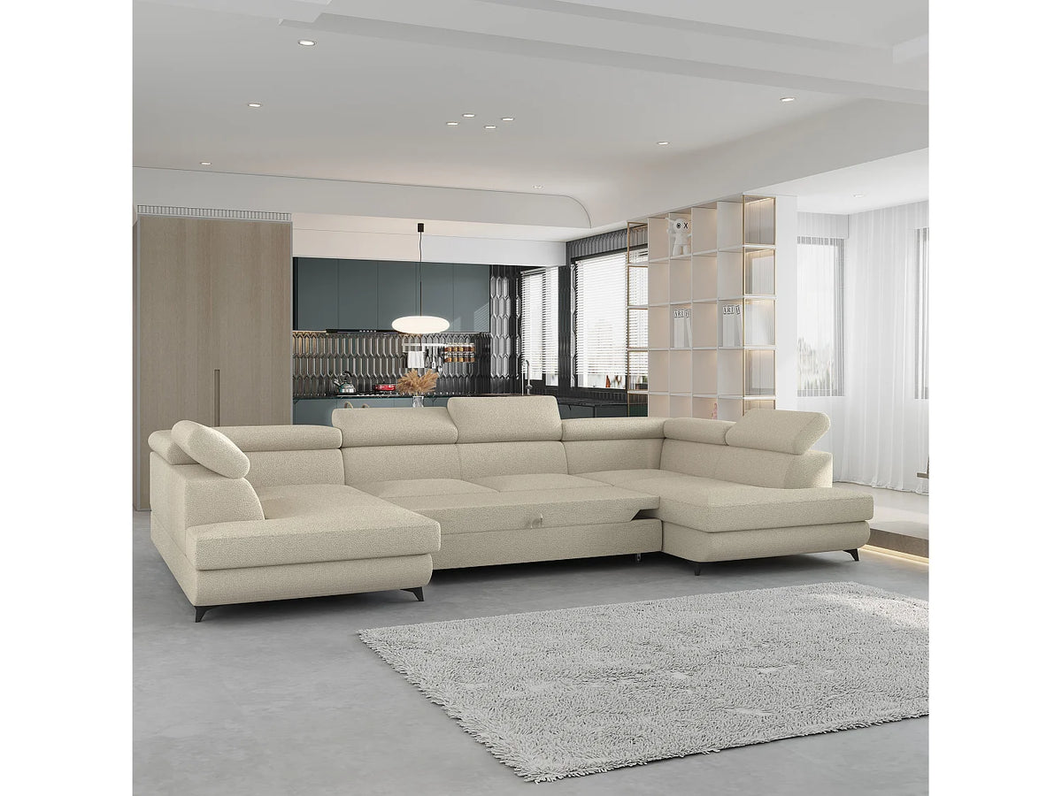 Canapé Panoramique d'Angle Convertible en Tissu Crème 6 Places - VINTESSA