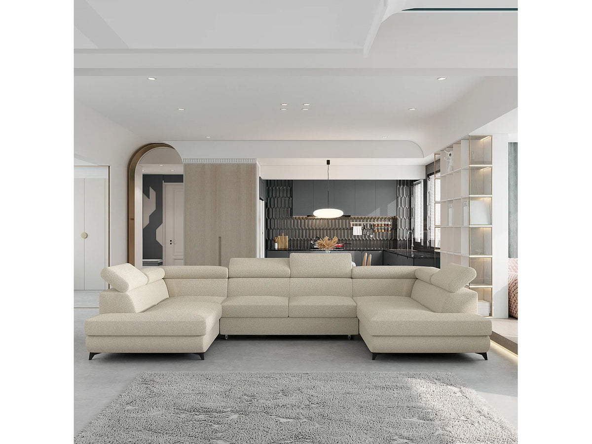 Canapé Panoramique d'Angle Convertible en Tissu Crème 6 Places - VINTESSA