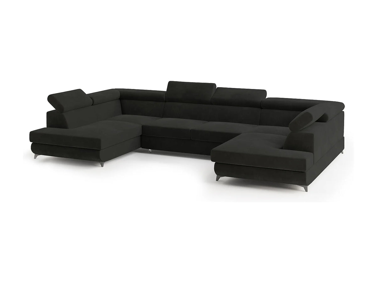 Canapé Panoramique d'Angle Convertible en Velours Noir 6 Places - VINTESSA