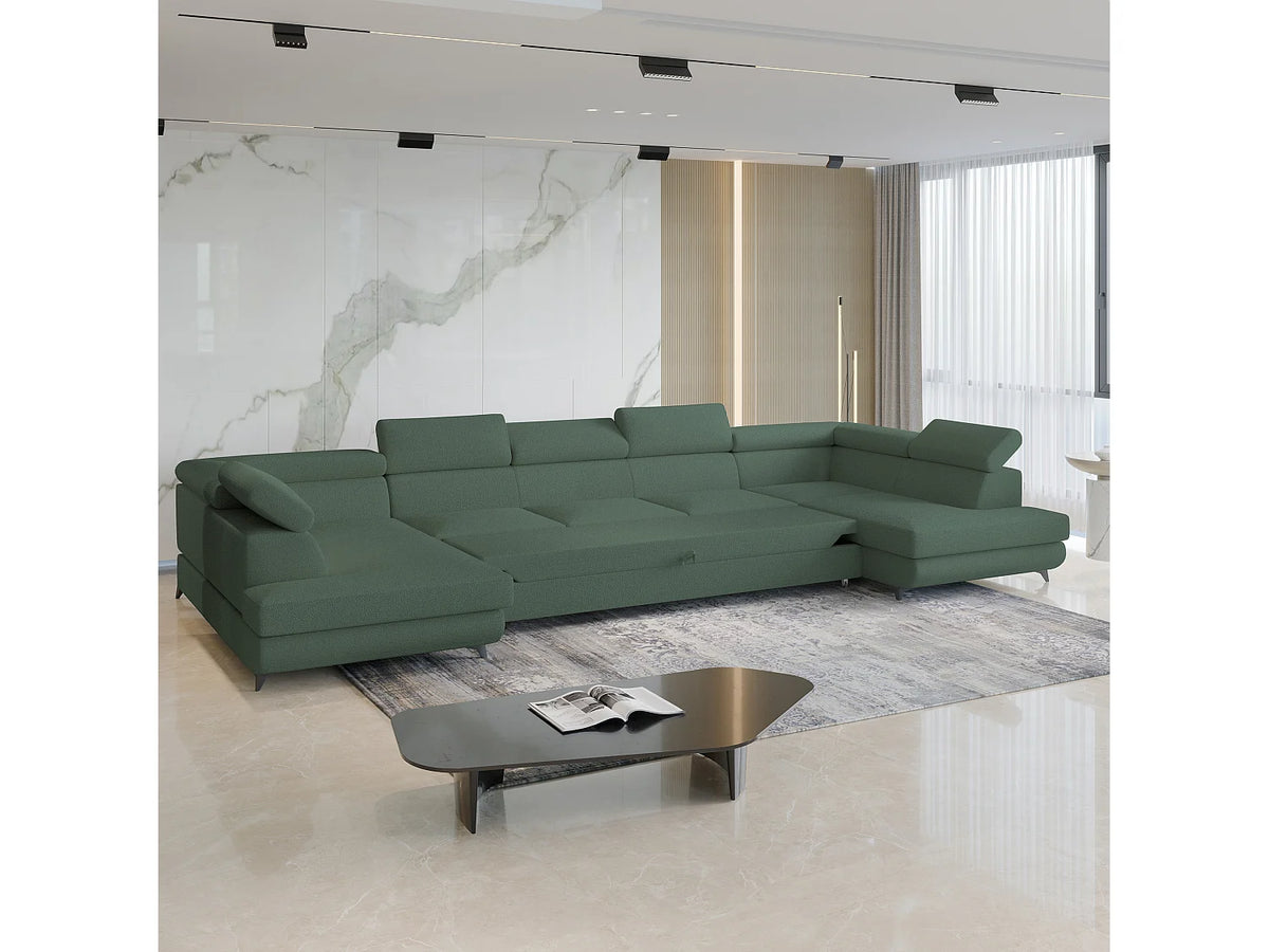 Canapé Panoramique d'Angle XXL Convertible en Tissu Vert 6 Places - URMANO