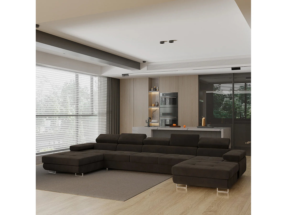 Canapé Panoramique d'Angle XXL Convertible en Velours Marron 7 Places - OMBRA