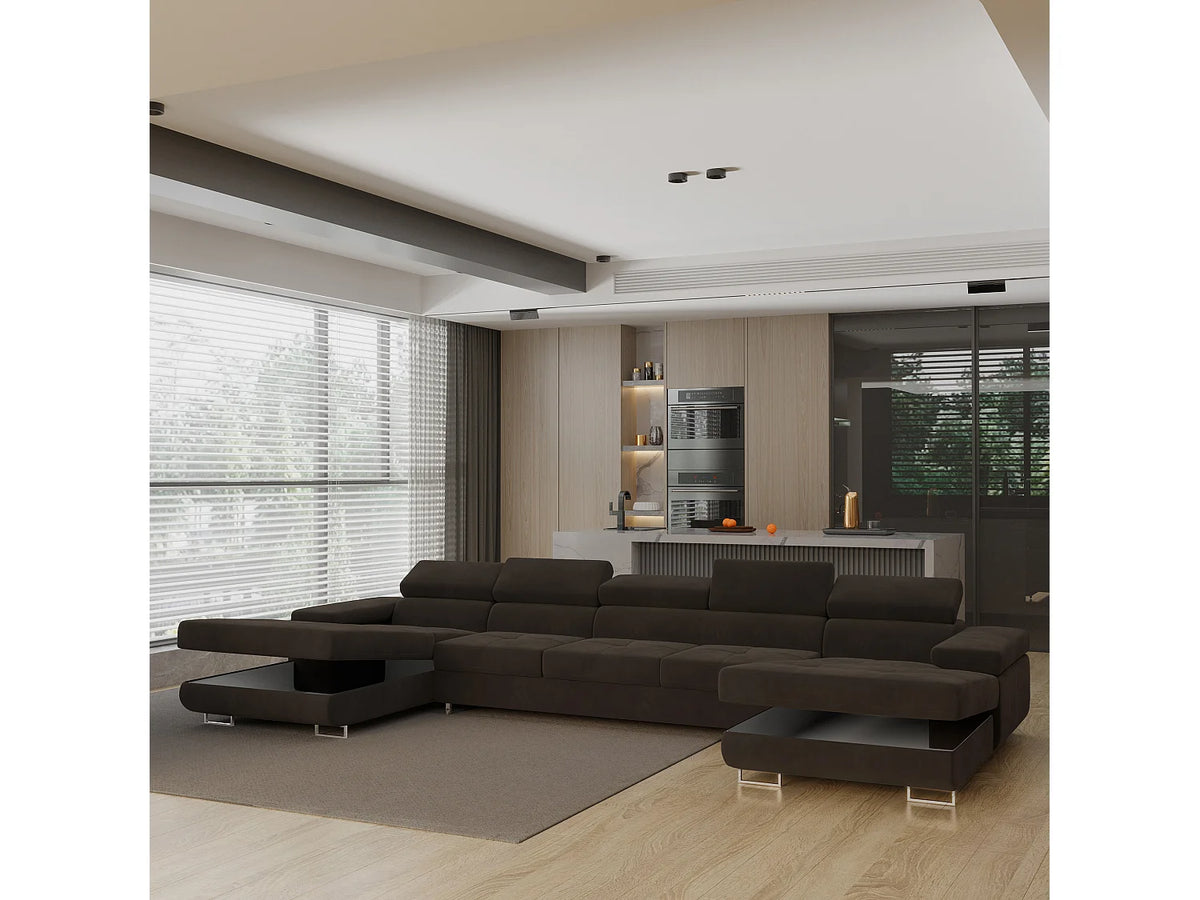 Canapé Panoramique d'Angle XXL Convertible en Velours Marron 7 Places - OMBRA
