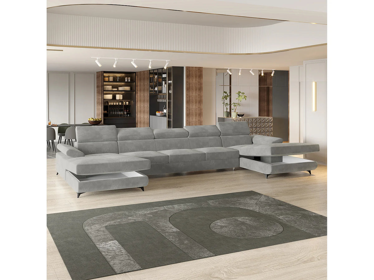 Canapé Panoramique d'Angle XXL Convertible en Velours Gris clair 6 Places - VIVENTE