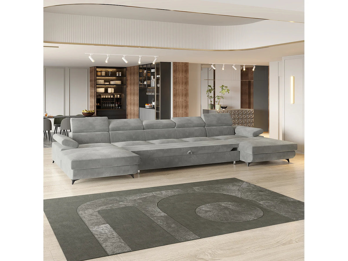 Canapé Panoramique d'Angle XXL Convertible en Velours Gris clair 6 Places - VIVENTE