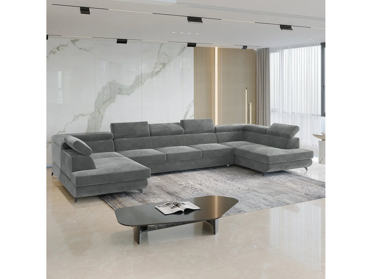 Canapé Panoramique d'Angle XXL Convertible en Velours Gris 6 Places - URMANO