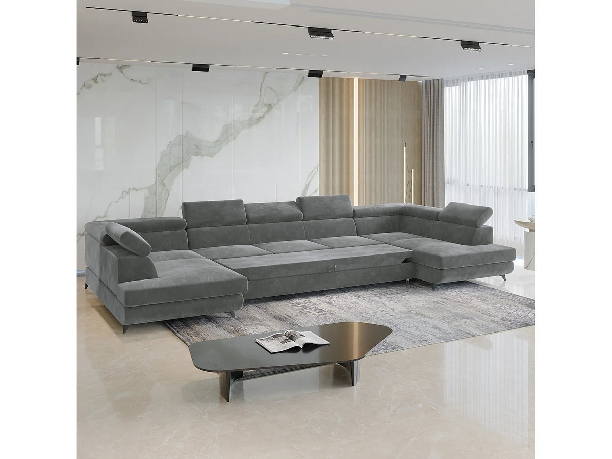 Canapé Panoramique d'Angle XXL Convertible en Velours Gris 6 Places - URMANO
