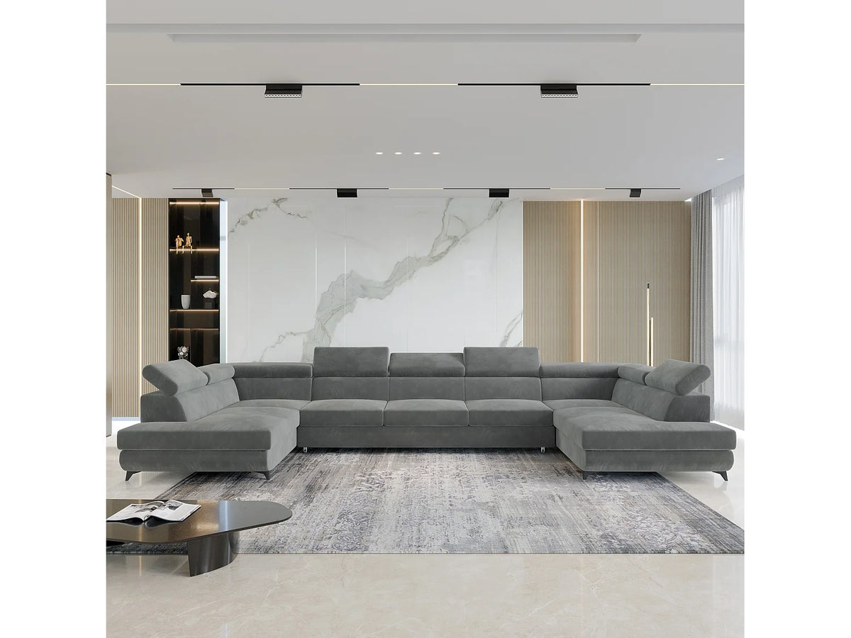 Canapé Panoramique d'Angle XXL Convertible en Velours Gris 6 Places - URMANO