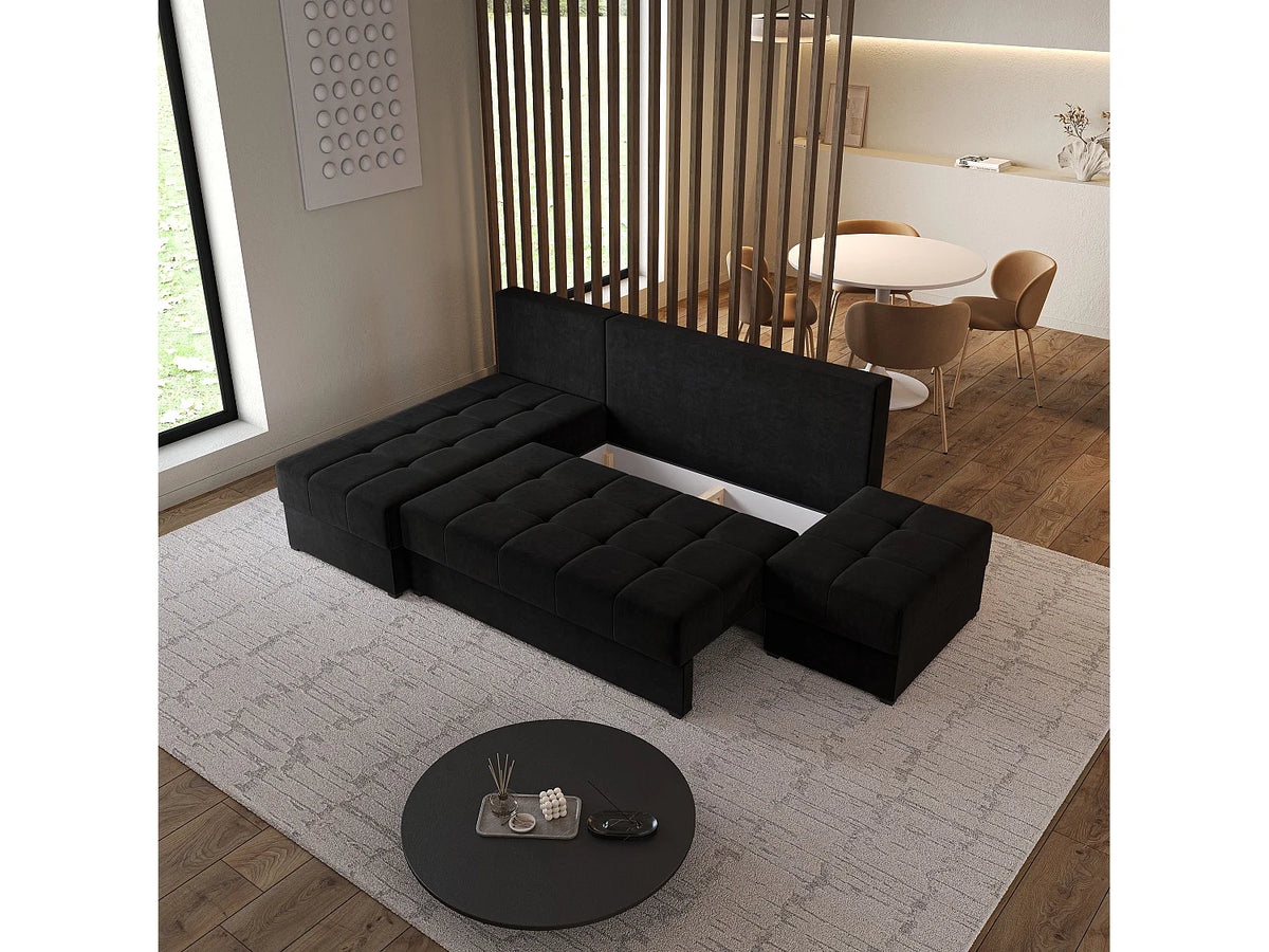 Canapé Panoramique d'Angle Convertible en Tissu Noir 4 Places - NORVI