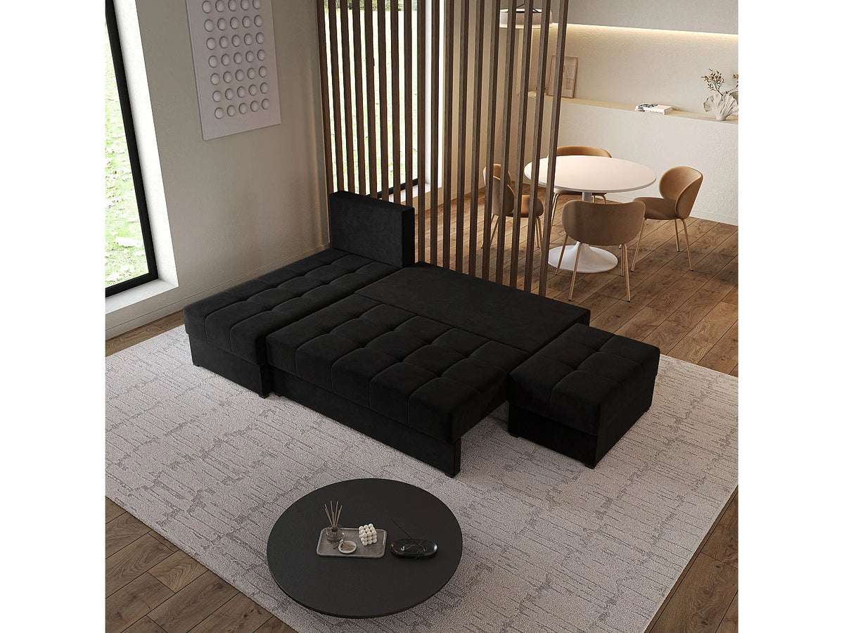 Canapé Panoramique d'Angle Convertible en Tissu Noir 4 Places - NORVI
