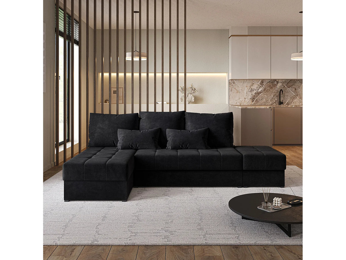 Canapé Panoramique d'Angle Convertible en Tissu Noir 4 Places - NORVI