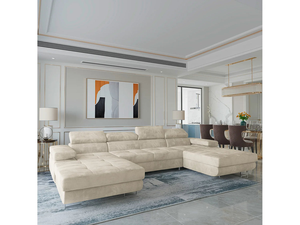 Canapé Panoramique d'Angle XXL Convertible en Velours Crème 6 Places - LYKKE