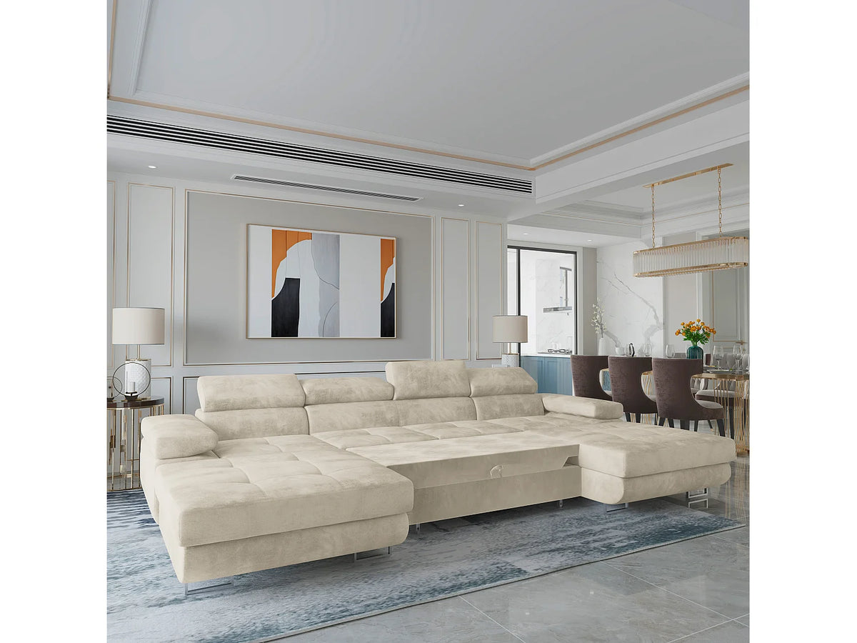 Canapé Panoramique d'Angle XXL Convertible en Velours Crème 6 Places - LYKKE