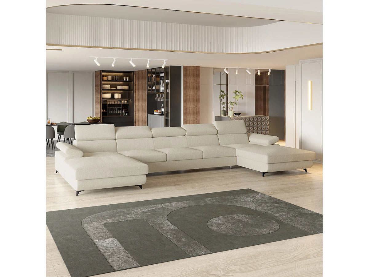 Canapé Panoramique d'Angle XXL Convertible en Tissu Crème 6 Places - VIVENTE