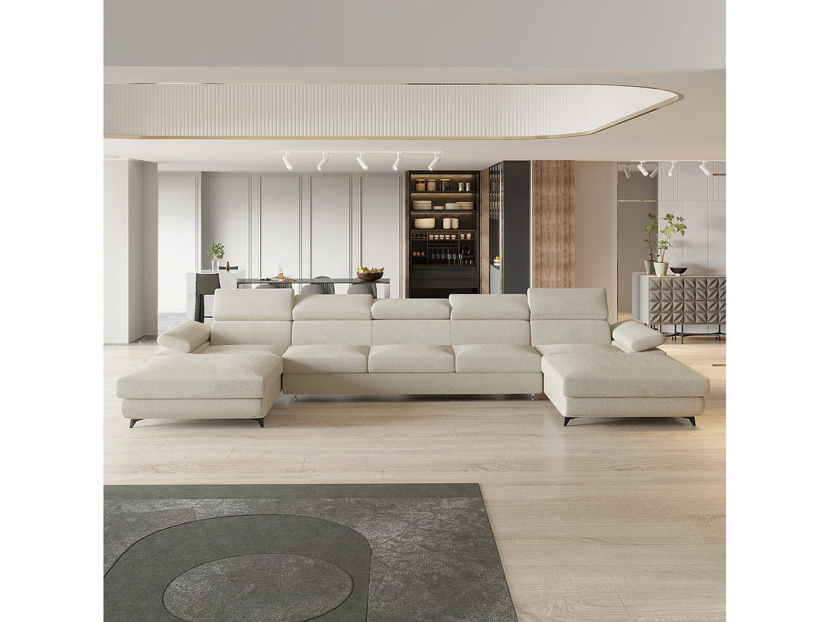 Canapé Panoramique d'Angle XXL Convertible en Tissu Crème 6 Places - VIVENTE