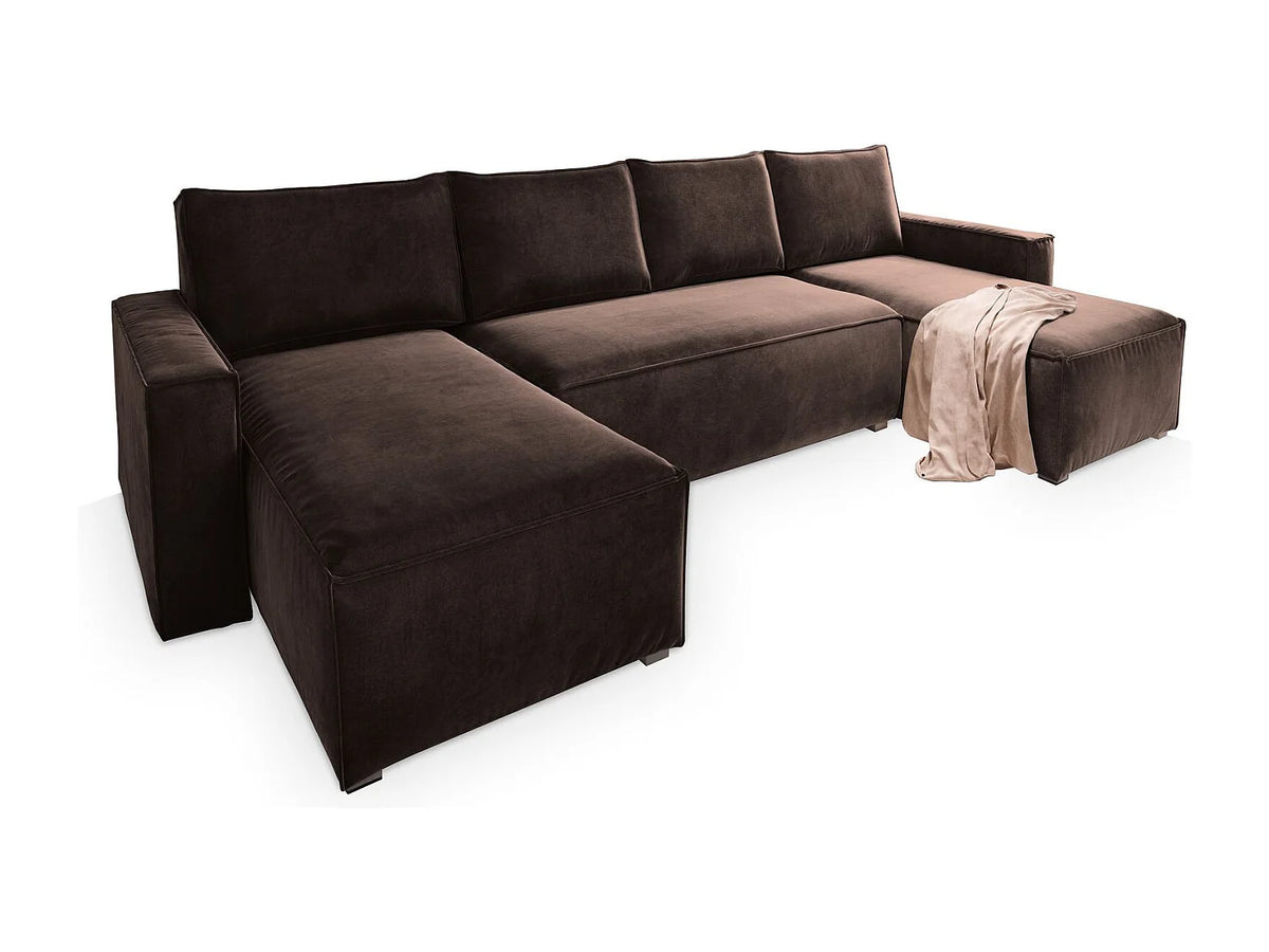 Canapé Panoramique d'Angle Convertible en Velours Marron 5 Places - DENI