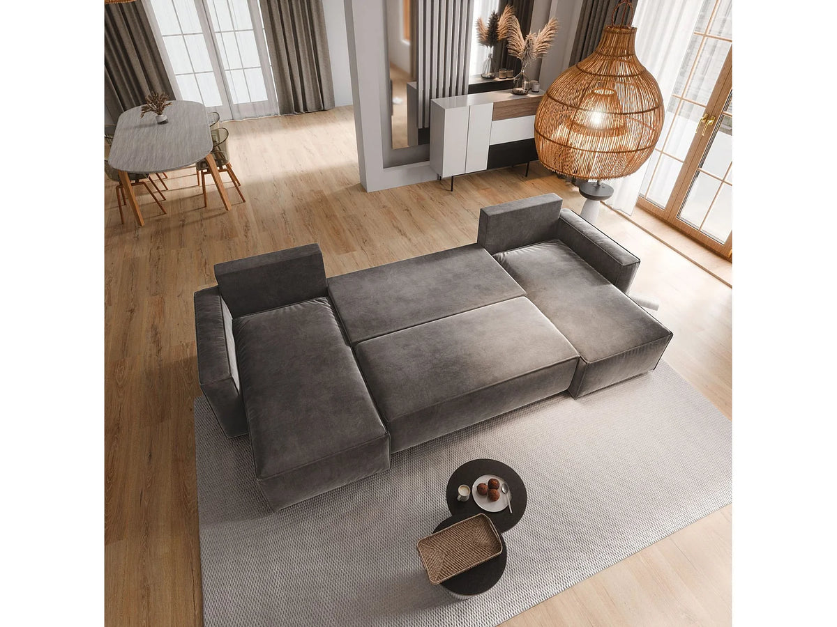 Canapé Panoramique d'Angle Convertible en Velours Marron 5 Places - DENI