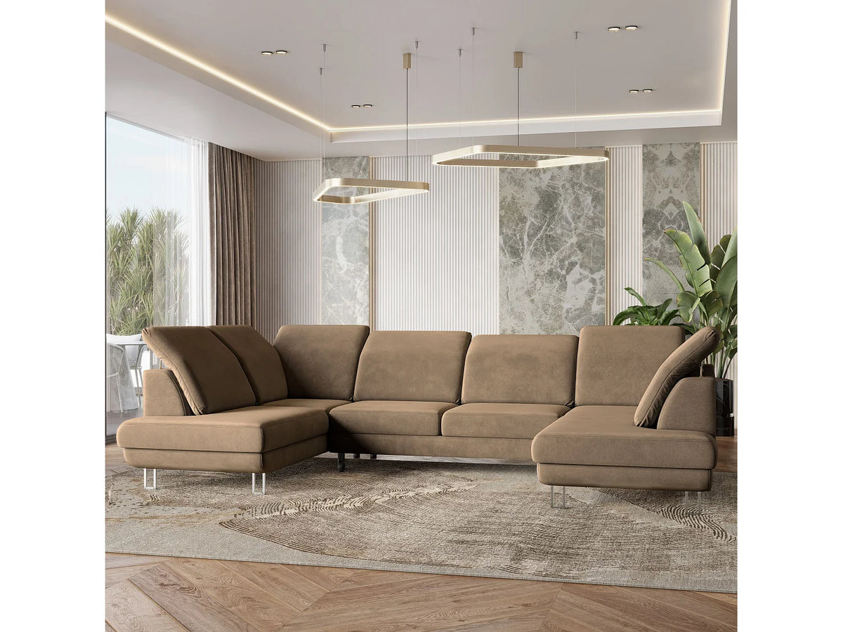 Canapé Panoramique d'Angle Convertible en Velours Beige 5 Places - TERAMO