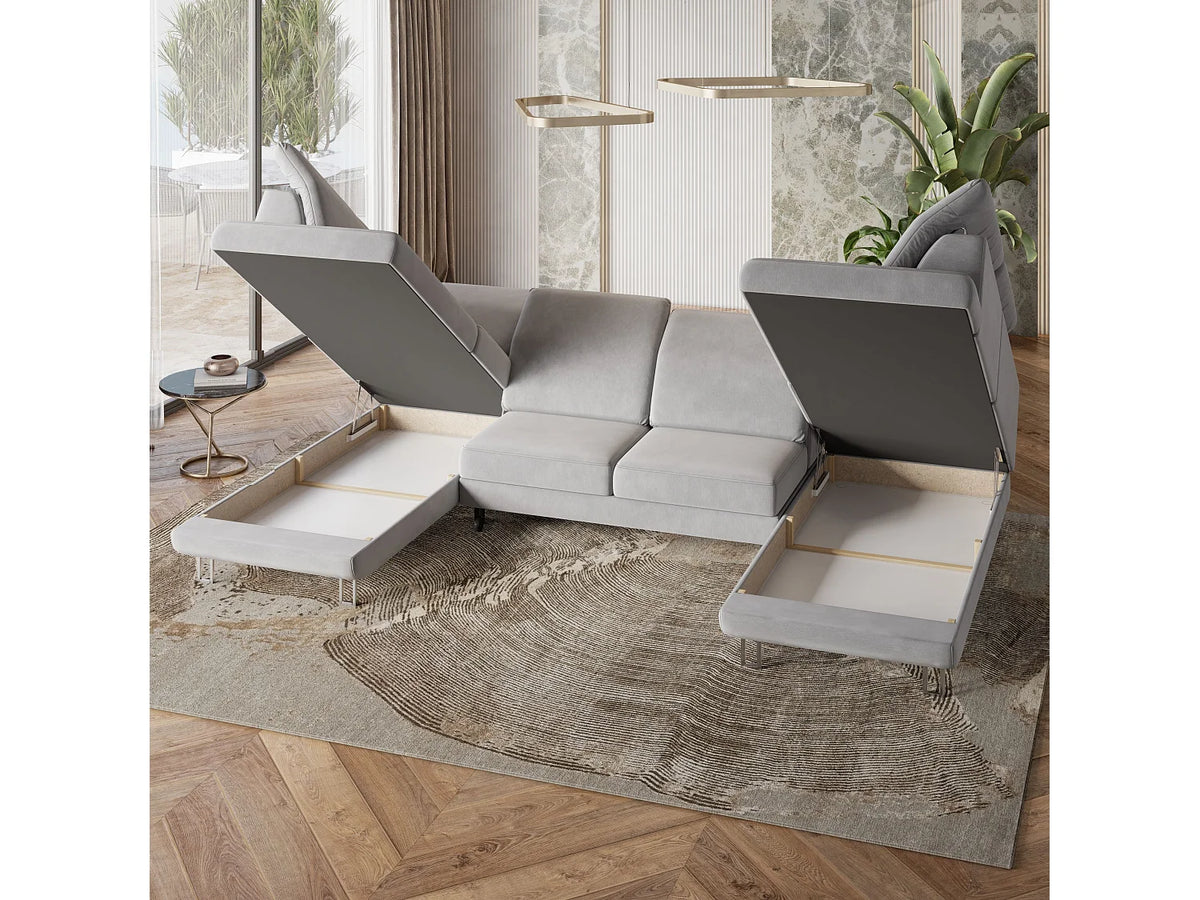Canapé Panoramique d'Angle Convertible en Velours Beige 5 Places - TERAMO