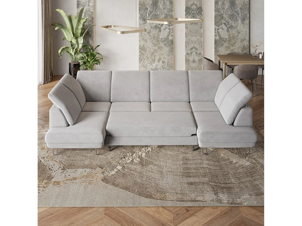 Canapé Panoramique d'Angle Convertible en Velours Beige 5 Places - TERAMO