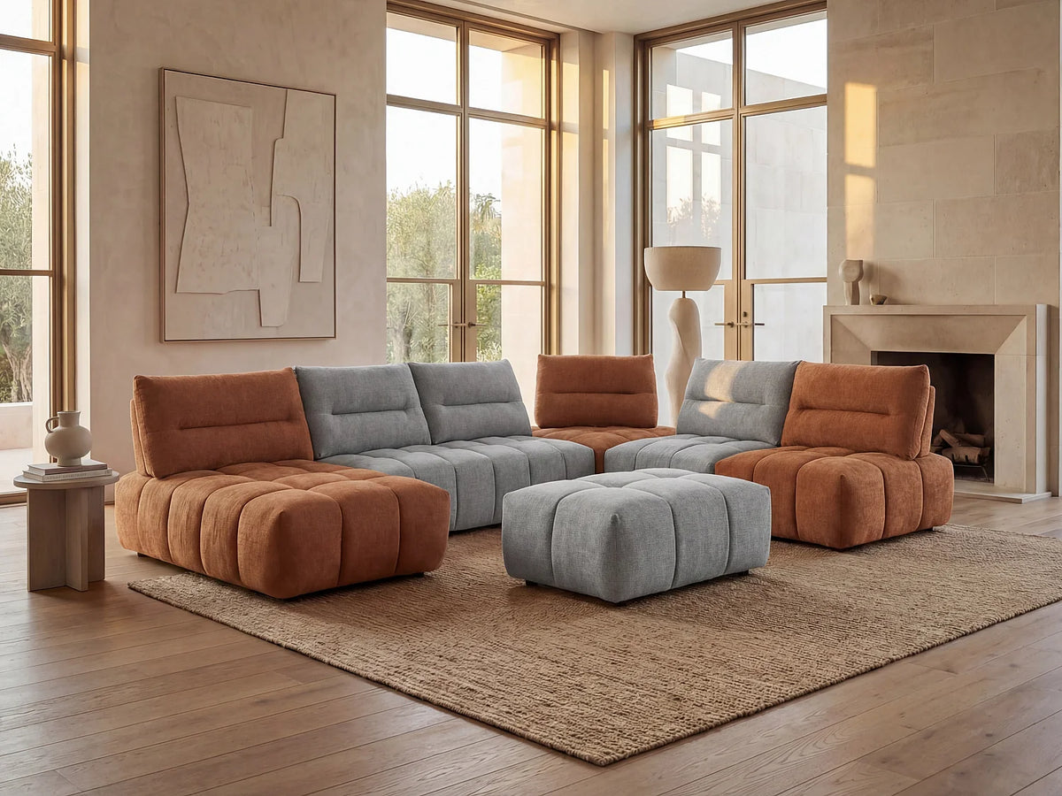 Canapé Panoramique d'Angle Modulable en Tissu Gris clair / Terracotta - APOLIU