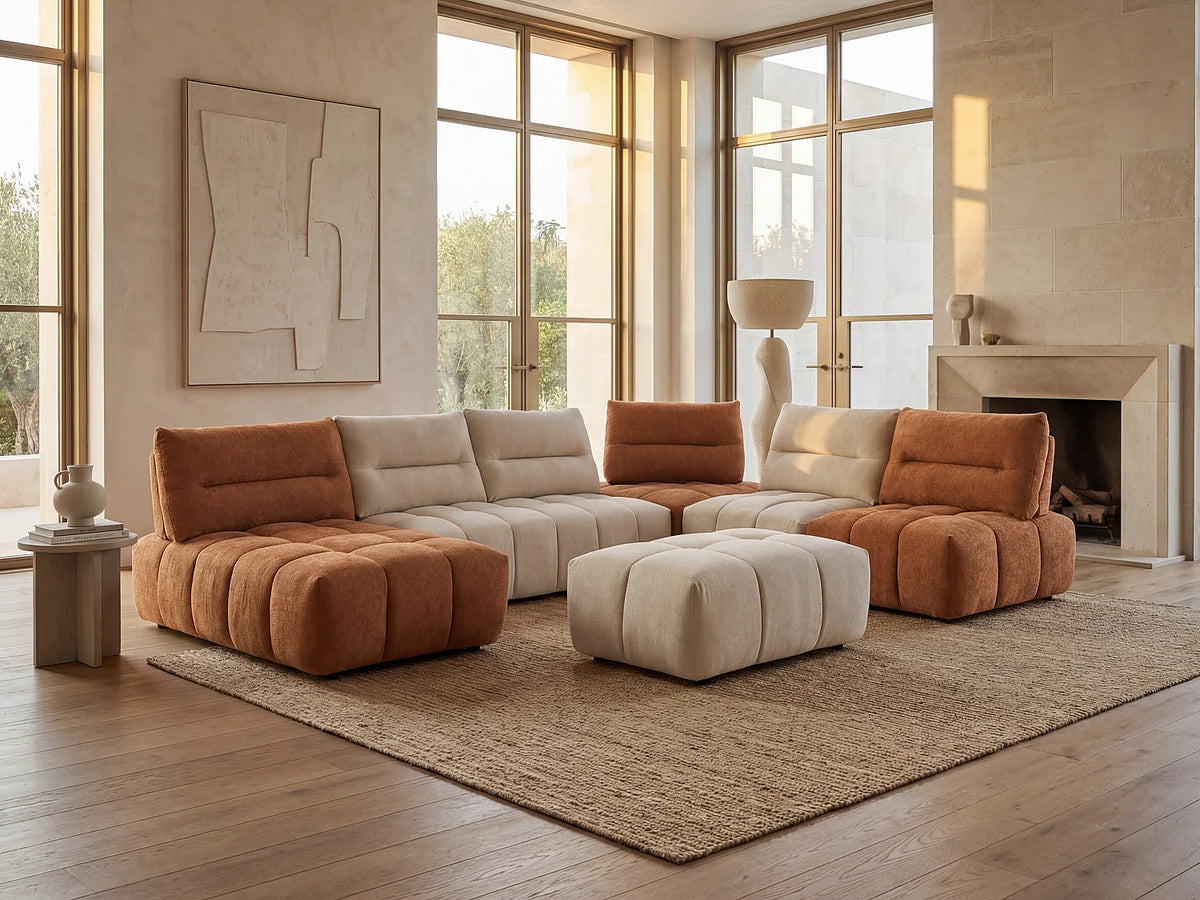 Canapé Panoramique d'Angle Modulable en Tissu Terracotta / Beige - APOLIU