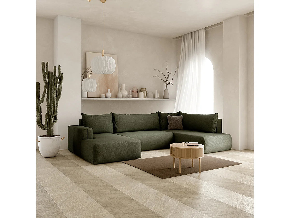 Canapé Panoramique d'Angle Convertible avec Coffre en Tissu Vert Sapin 5 Places - BLISS