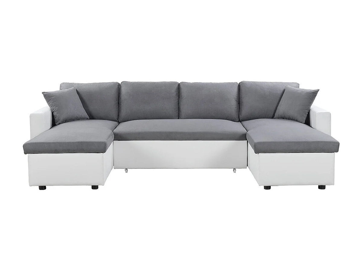 Canapé Panoramique d'Angle Convertible en Microfibre Gris / Blanc 6 Places - MARIA