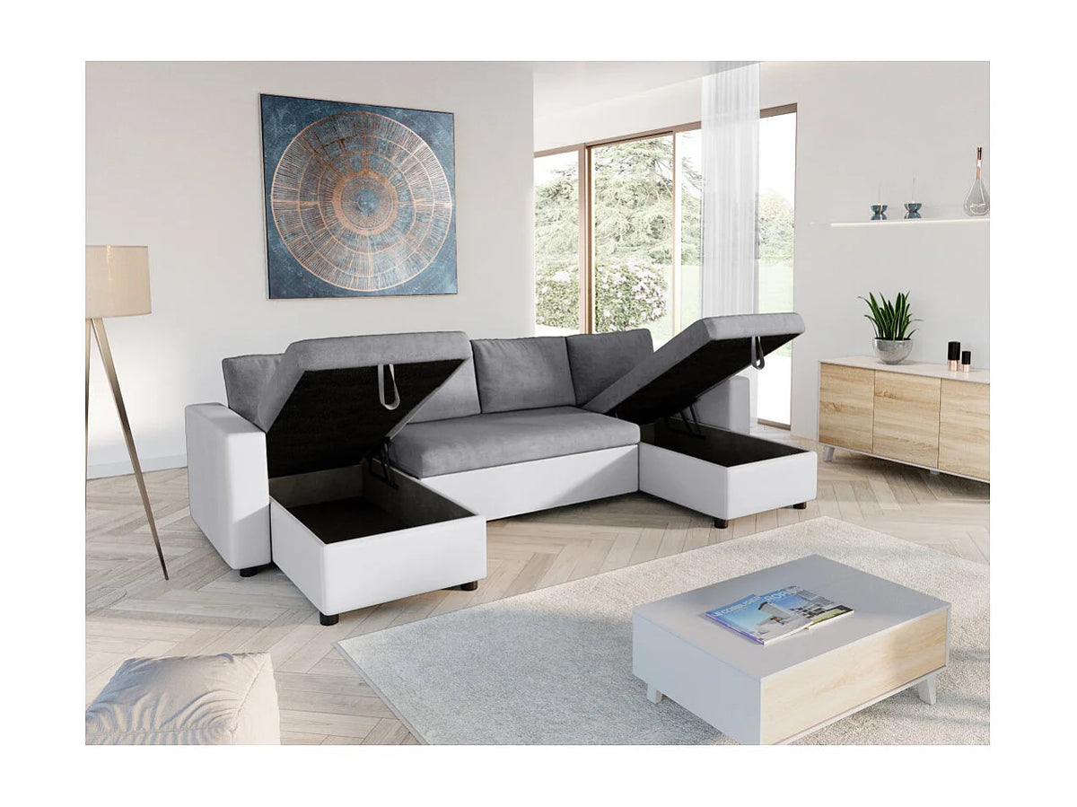 Canapé Panoramique d'Angle Convertible en Microfibre Gris / Blanc 6 Places - MARIA