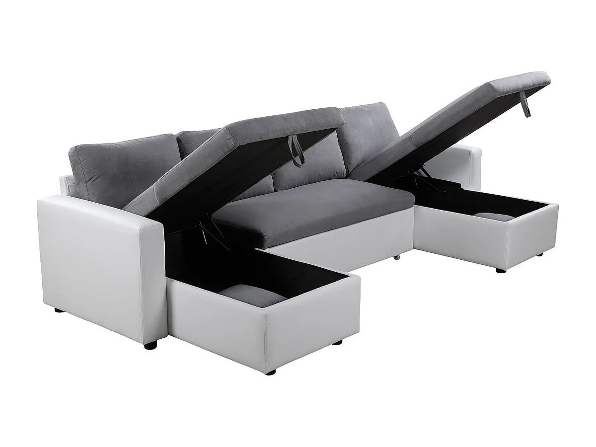 Canapé Panoramique d'Angle Convertible en Microfibre Gris / Blanc 6 Places - MARIA