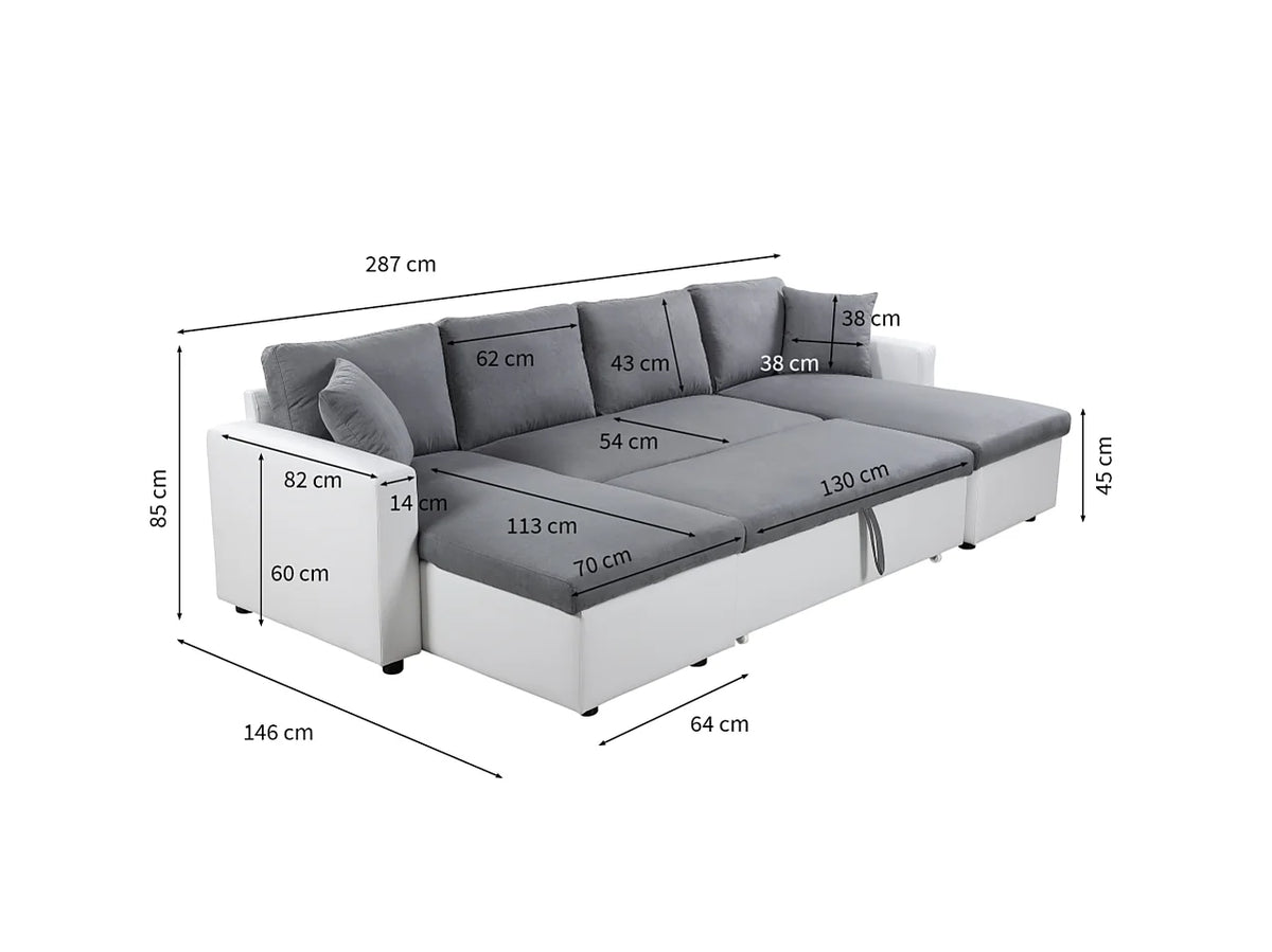 Canapé Panoramique d'Angle Convertible en Microfibre Gris / Blanc 6 Places - MARIA