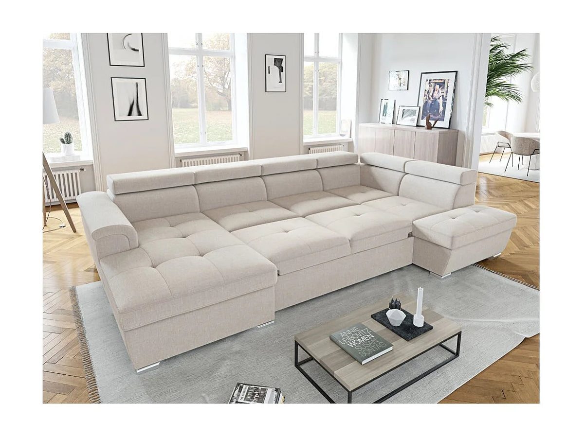 Canapé Panoramique d'Angle Convertible avec Coffre en Tissu Beige 6 Places - PAOLA