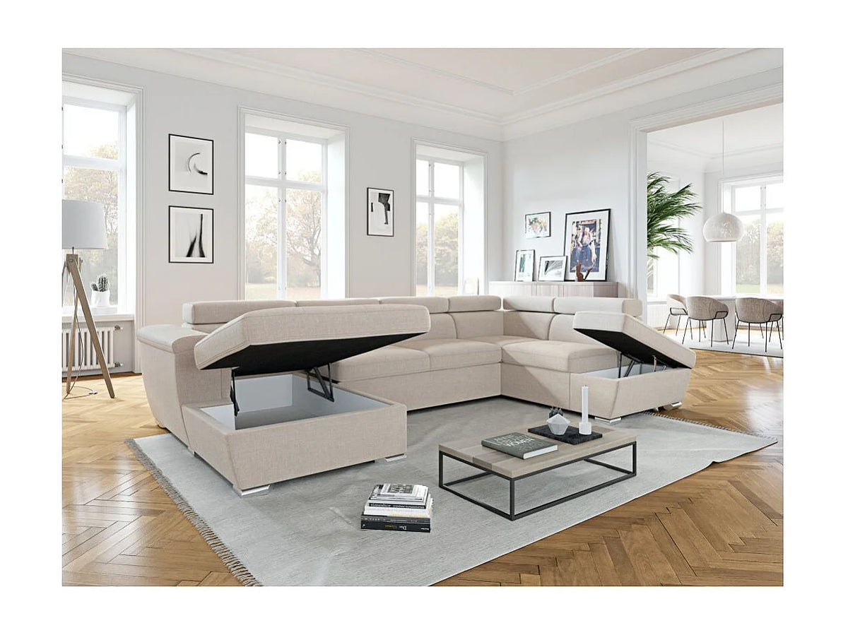 Canapé Panoramique d'Angle Convertible avec Coffre en Tissu Beige 6 Places - PAOLA