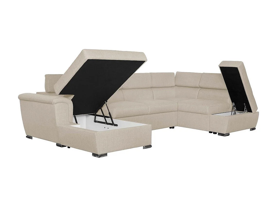 Canapé Panoramique d'Angle Convertible avec Coffre en Tissu Beige 6 Places - PAOLA