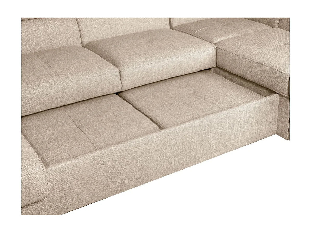 Canapé Panoramique d'Angle Convertible avec Coffre en Tissu Beige 6 Places - PAOLA
