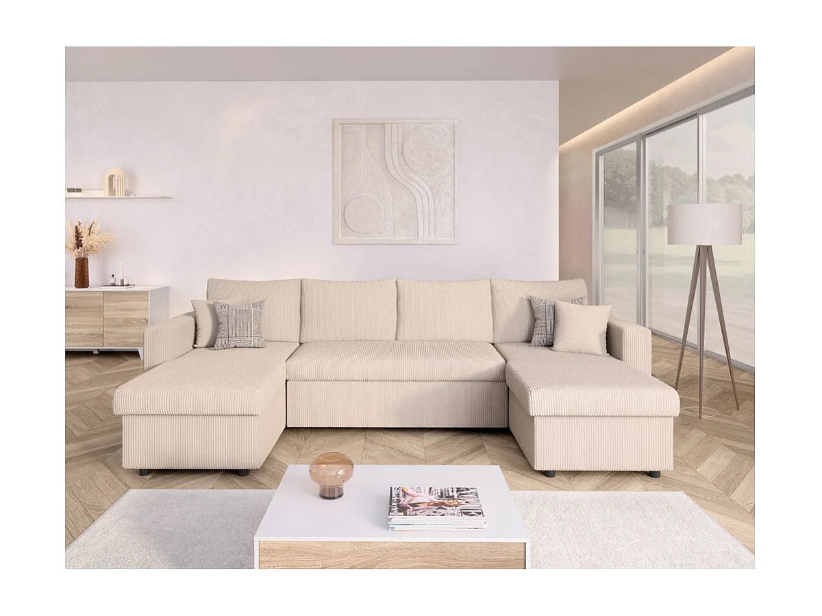 Canapé Panoramique d'Angle Convertible avec Coffre en Velours Beige 6 Places - MARIA