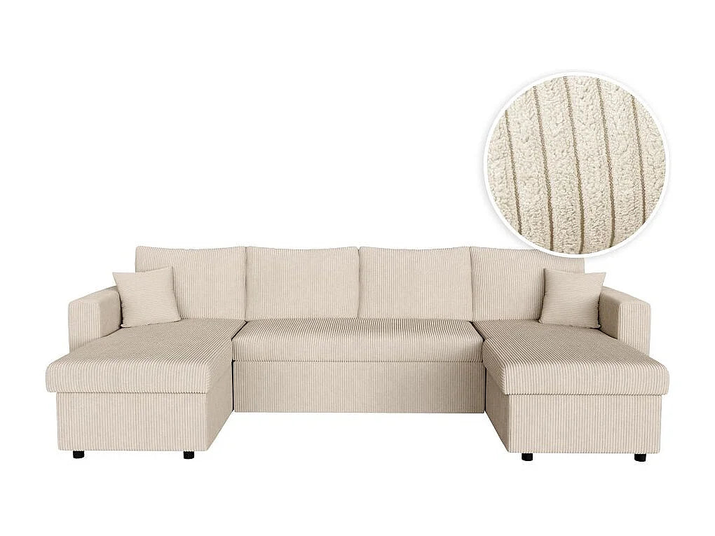Canapé Panoramique d'Angle Convertible avec Coffre en Velours Beige 6 Places - MARIA