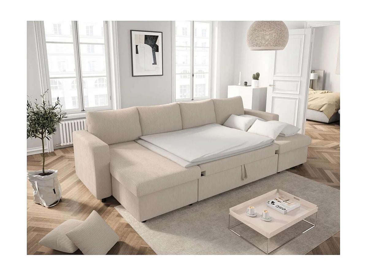 Canapé Panoramique d'Angle Convertible avec Coffre en Velours Beige 6 Places - MARIA